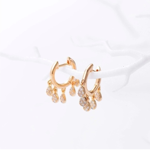 Gold 14k Gold Plated Tassel Cubic Zirconia Hoop Earrings - Picture 2 of 4